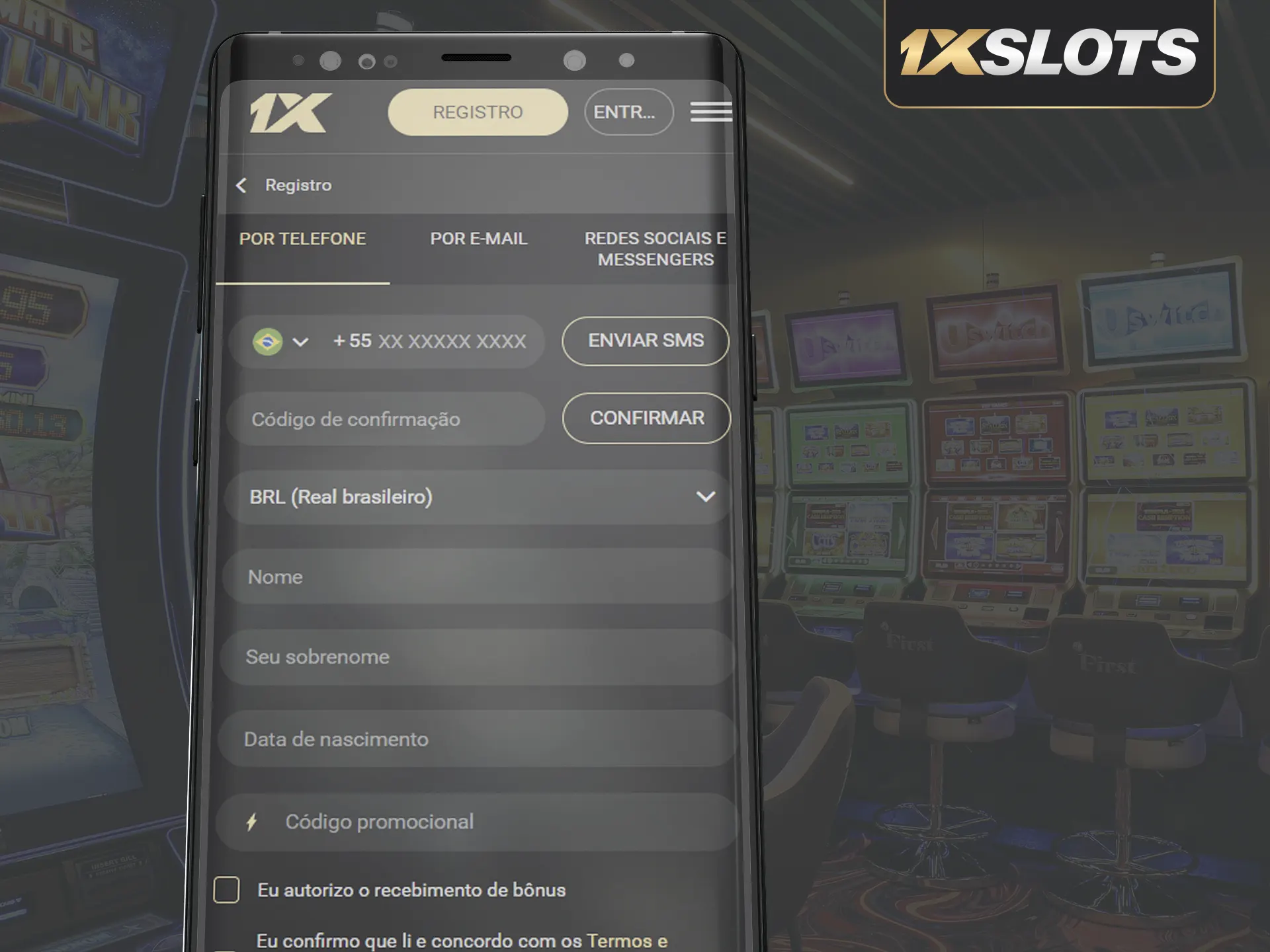 1xSlots App: Download, escolha cadastro, insira dados, concorde com Termos e Condições.