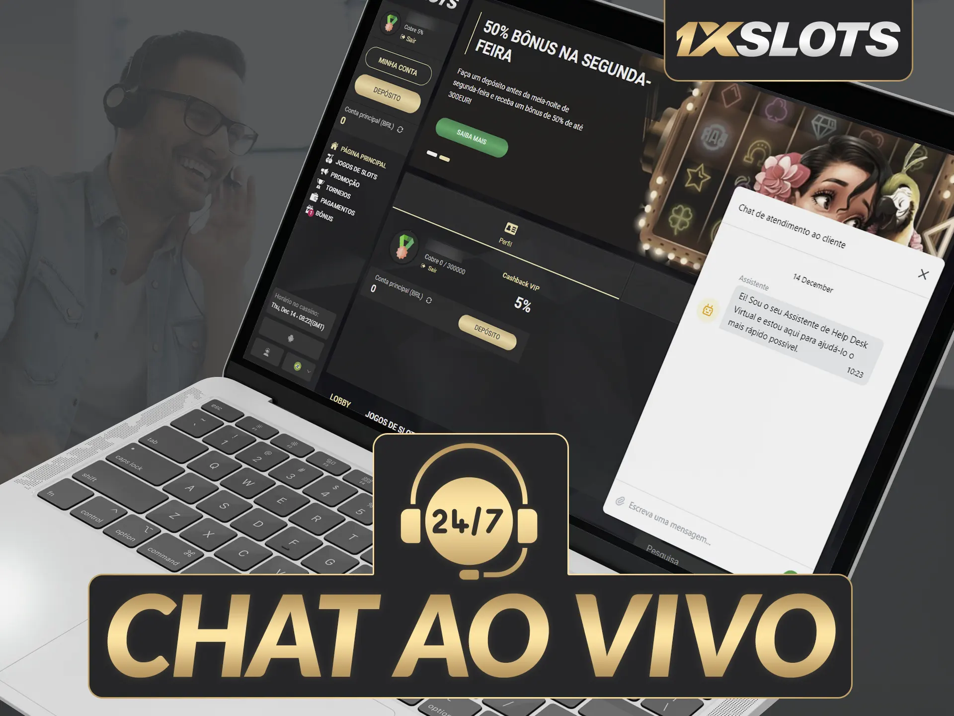 Chat ao vivo 24/7, suporte em português, fácil contato via ícone.