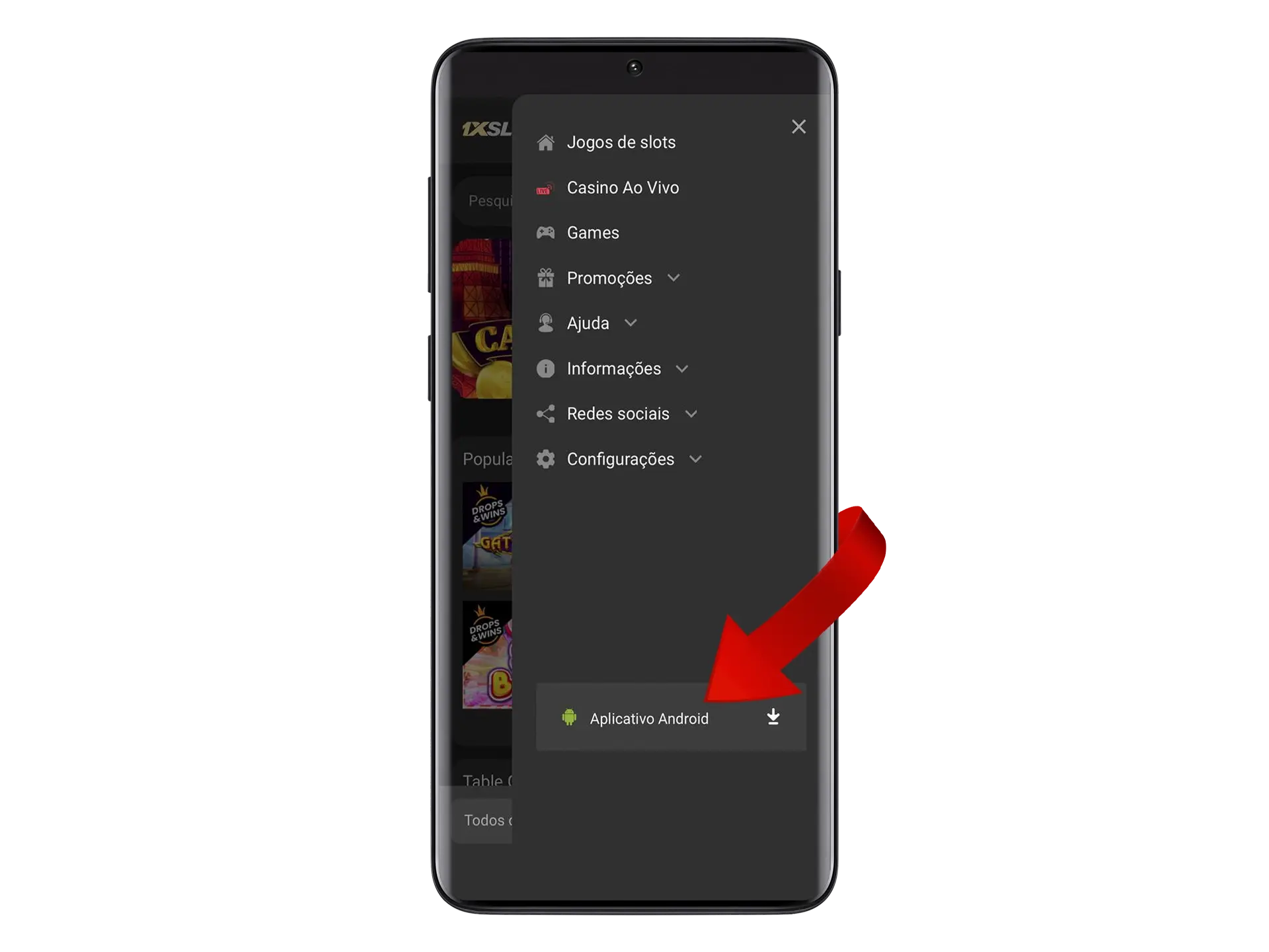 Na página inicial do 1xSlot, selecione o ícone do logotipo do Android.