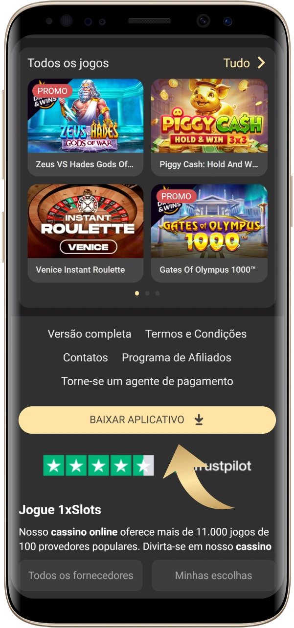 Na página inicial do 1xSlot, selecione o ícone do logotipo do Android.
