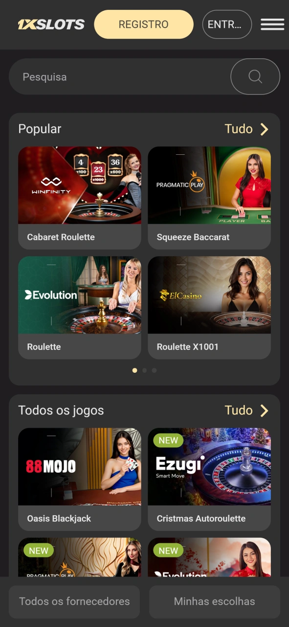 Vá para a seção de cassino do aplicativo móvel 1xSlot.