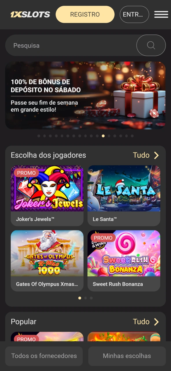 Página inicial do aplicativo 1xSlot.