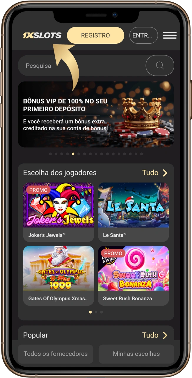 Digite na barra de endereços do seu navegador o site oficial do cassino 1xSlot.