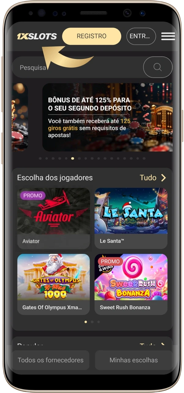 Acesse o site da 1xSlot e encontre o menu.