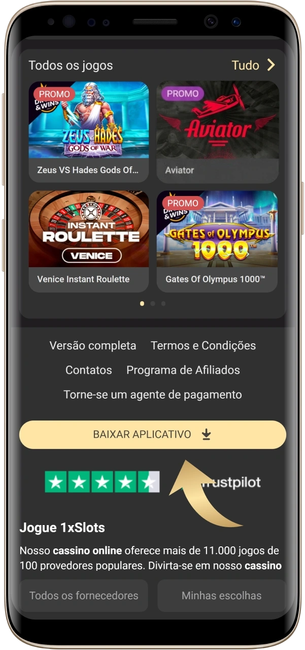 Na página inicial do 1xSlot, selecione o ícone do logotipo do Android.