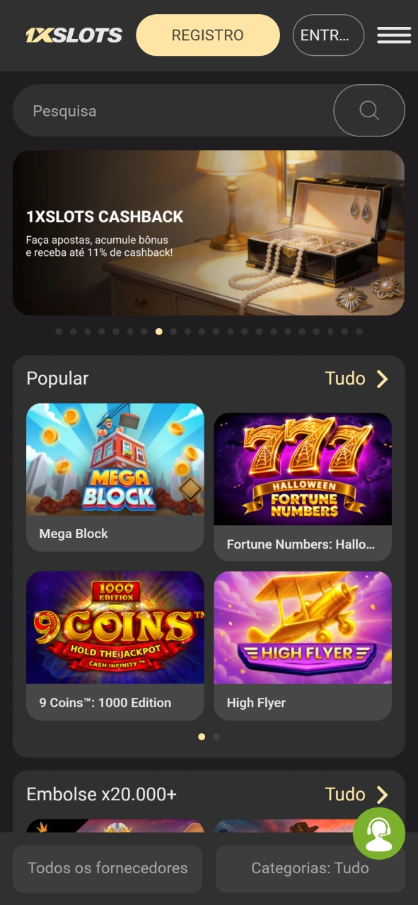 Página inicial do aplicativo 1xSlot.